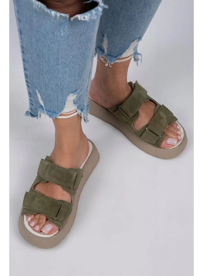 Farah Women's Genuine Leather Double strap Çağla Green Suede - Beige Sandal.