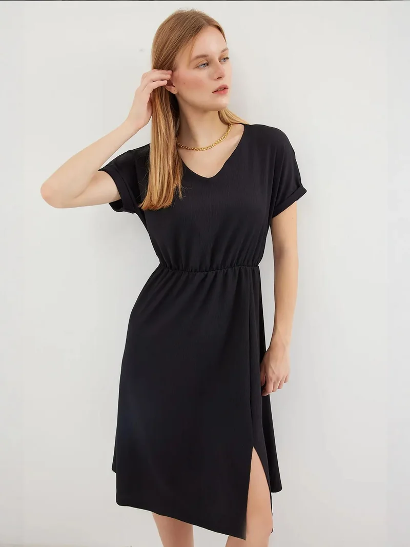 BIG DART BDART Textured V-Neck Midi Knit Dress with Slit