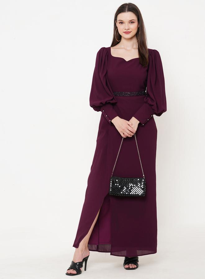 ميش فستان ماكسي ميش بياقة القلب وحزام مزين - Image 1