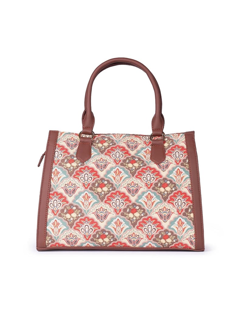 ZOUK Printed Jute Handcrafted Vegan Leather Multicolor Women's Satchel Bag | Ladies Purse Handbag | Double Handle Detachable Strap - Image 5