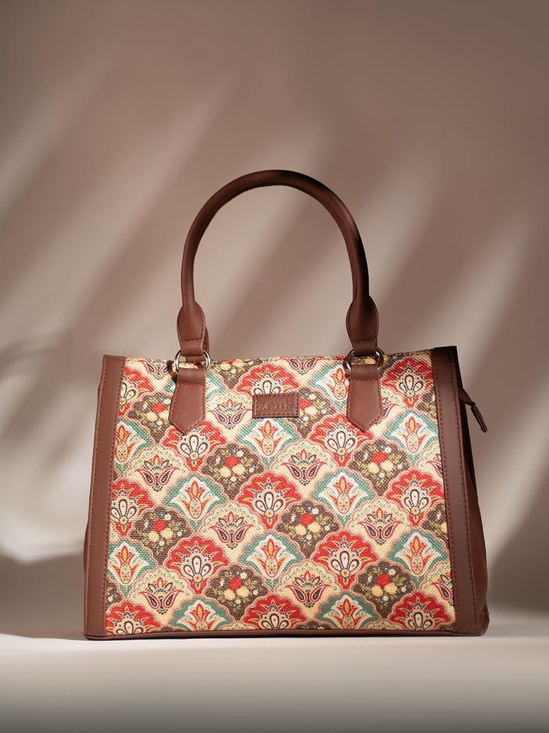 ZOUK Printed Jute Handcrafted Vegan Leather Multicolor Women's Satchel Bag | Ladies Purse Handbag | Double Handle Detachable Strap - Image 3