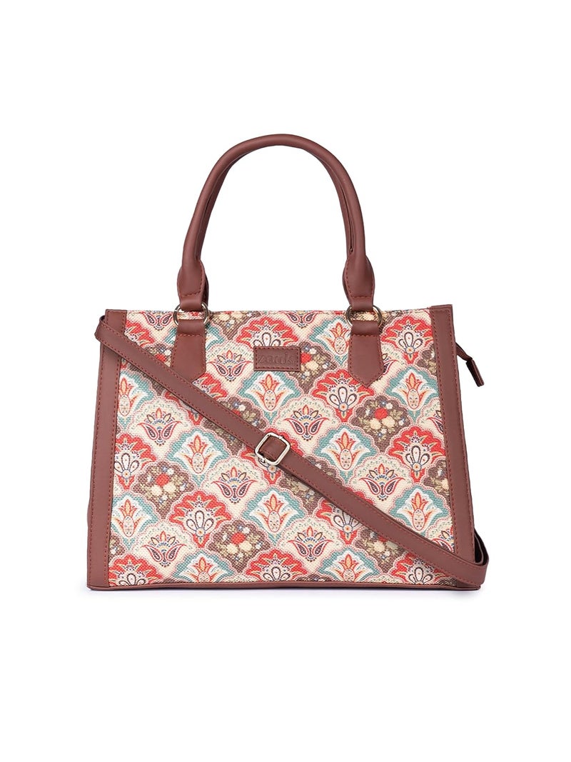 ZOUK Printed Jute Handcrafted Vegan Leather Multicolor Women's Satchel Bag | Ladies Purse Handbag | Double Handle Detachable Strap - Image 1