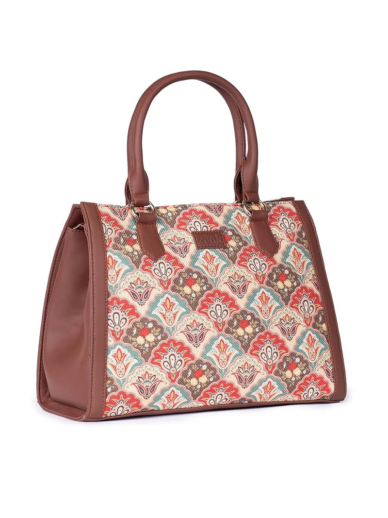 ZOUK Printed Jute Handcrafted Vegan Leather Multicolor Women's Satchel Bag | Ladies Purse Handbag | Double Handle Detachable Strap - Image 4