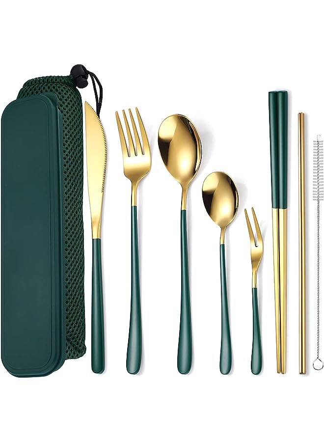 KASTWAVE مجموعة أدوات مائدة قابلة لإعادة الاستخدام، مجموعة أدوات سفر مع حقيبة، مجموعة أدوات مائدة من الفولاذ المقاوم للصدأ تتضمن سكين وشوكة وملعقة وعيدان طعام وقش وفرشاة، آمنة للاستخدام في غسالة الأطباق (8 قطع باللون الأخضر الذهبي) - Image 1
