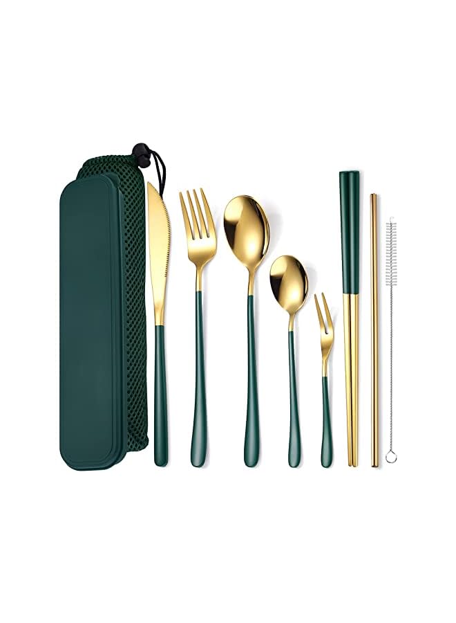 KASTWAVE مجموعة أدوات مائدة قابلة لإعادة الاستخدام، مجموعة أدوات سفر مع حقيبة، مجموعة أدوات مائدة من الفولاذ المقاوم للصدأ تتضمن سكين وشوكة وملعقة وعيدان طعام وقش وفرشاة، آمنة للاستخدام في غسالة الأطباق (8 قطع باللون الأخضر الذهبي) - Image 2