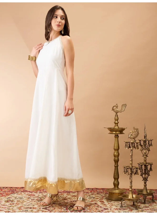 globus Globus Women Off-White Sequin Embroidery Halter Neck Gotta Lace Flared Hem A-Line Maxi Festive dress