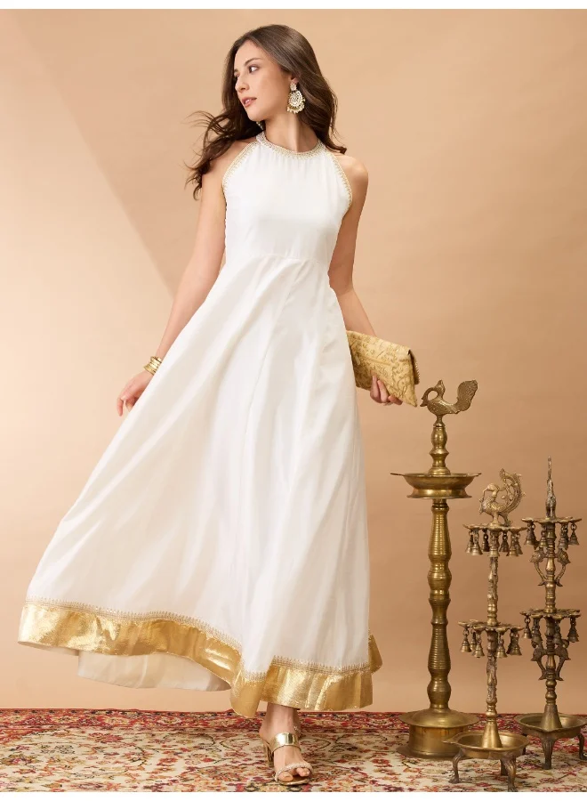 globus Globus Women Off-White Sequin Embroidery Halter Neck Gotta Lace Flared Hem A-Line Maxi Festive dress