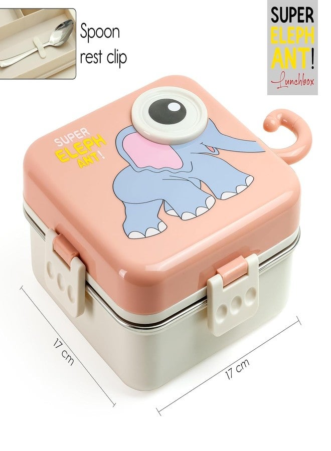 TOYTASTIC Pink Kids Lunch Box – Stainless Steel Insulated Tiffin for School with Spoon, BPA-Free | Leak-Resistant Bento Box with Tray & Container | 800 ml (Pink, Super Elephant) - Image 3