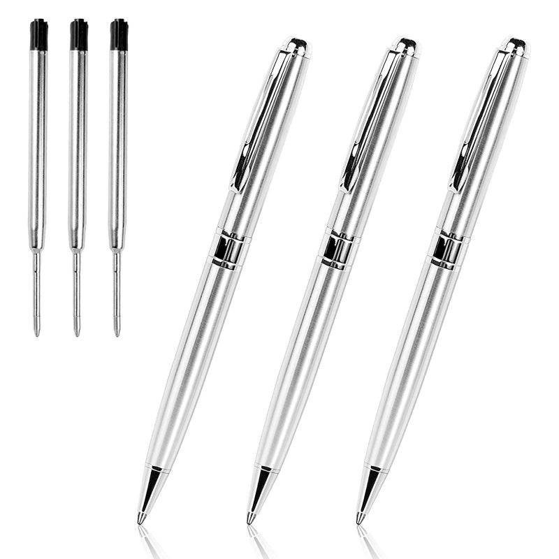 Cambond Ballpoint Pens Metal Pen - Silver Pens Black Ink Nice Pens for Gift Business Men Police Flight Attendant 1.0 mm Medium Point Office Pens, 3 Pens with 3 Refills (Silver) - Image 1