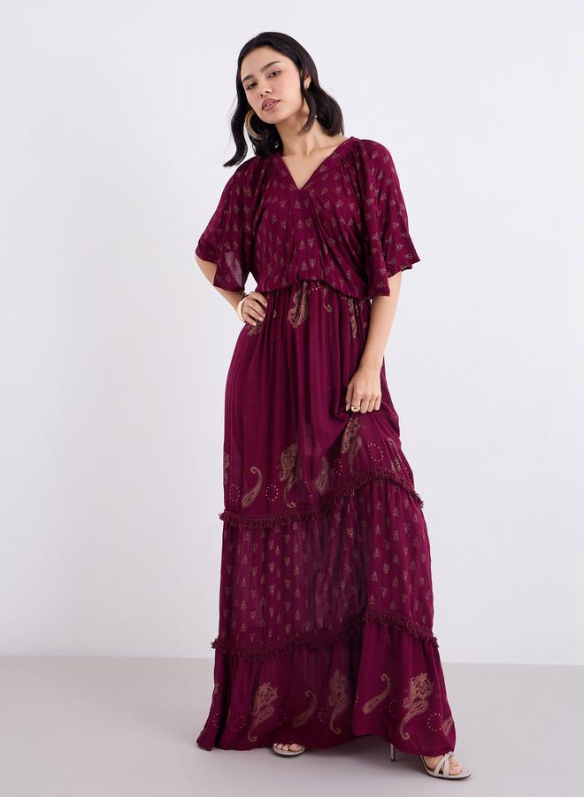 Styli Burgundy Paisley Print Maxi Dress - Image 3