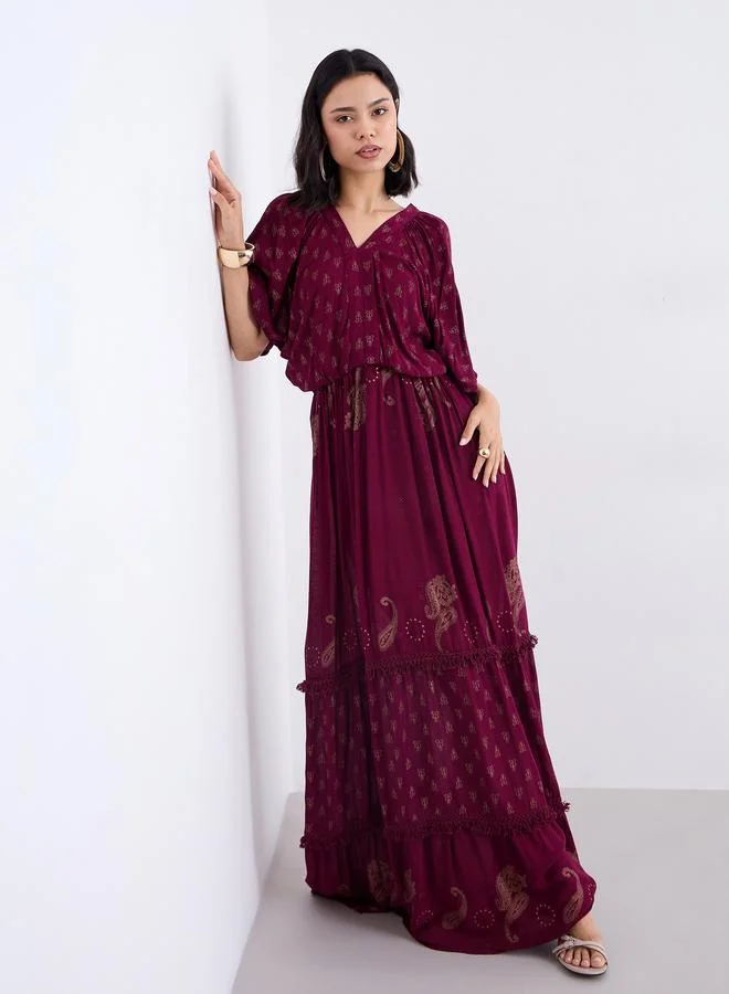 Styli Styli Burgundy Paisley Print Maxi Dress