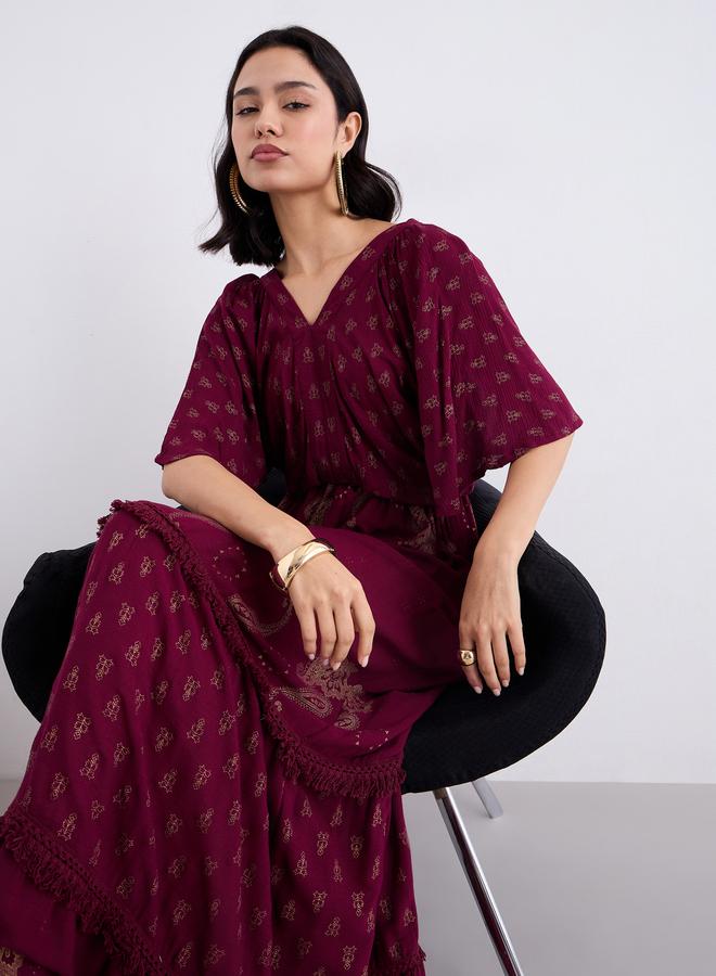 Styli Burgundy Paisley Print Maxi Dress - Image 1