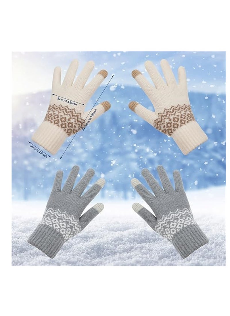 SYOSI - Women Winter Gloves, 2 Pairs Women’s Touch Screen Gloves, Stretch Knitted Warm Mitten Winter Thermal Ladies Gloves Smartphones Texting Gloves, One Size Fits Most, White and Grey - Image 1
