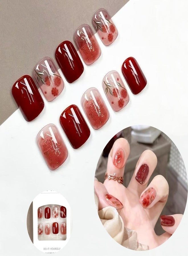 ملصقات أظافر، أظافر لاصقة، طقم تمديد أظافر، 24 قطعة من ملصقات جل مربعة قصيرة على شكل زهور حمراء للنساء، قابلة لإعادة الاستخدام، هدية - Image 2