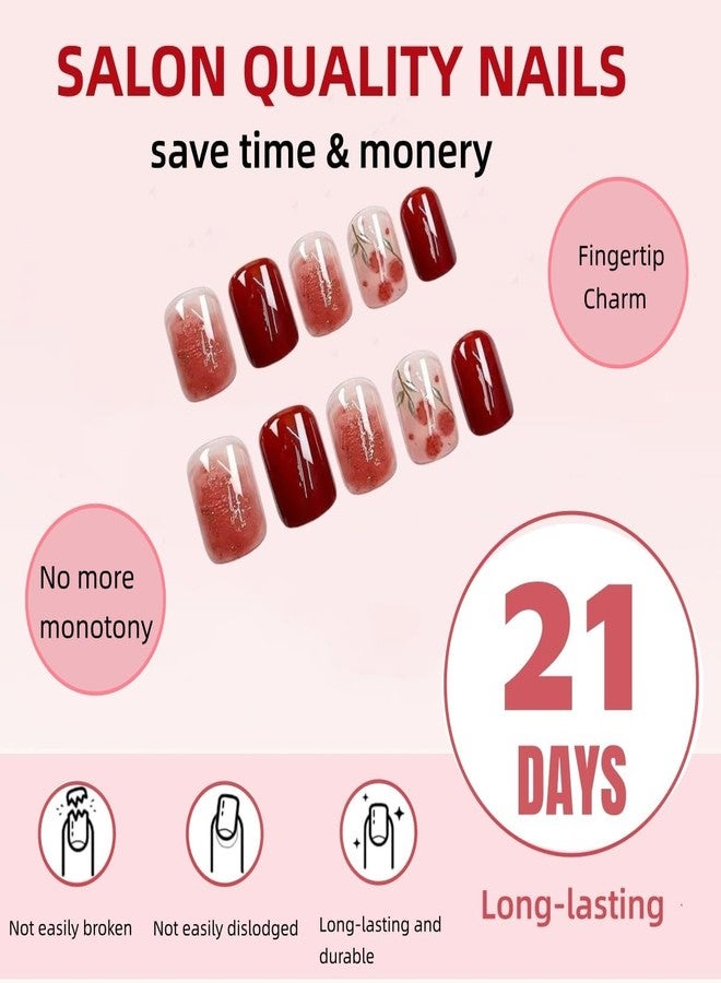 ملصقات أظافر، أظافر لاصقة، طقم تمديد أظافر، 24 قطعة من ملصقات جل مربعة قصيرة على شكل زهور حمراء للنساء، قابلة لإعادة الاستخدام، هدية - Image 3