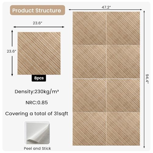 NAMAII Acoustic Wall Panels, 8 pcs 23.6" x 23.6" – Wood-Pattern Polyester Fiber Sound Absorbing & Soundproof 3D Peel & Stick Panels for Recording Studio, Home Theater, Office, Meeting Room Décor (31 sq ft) - Image 2