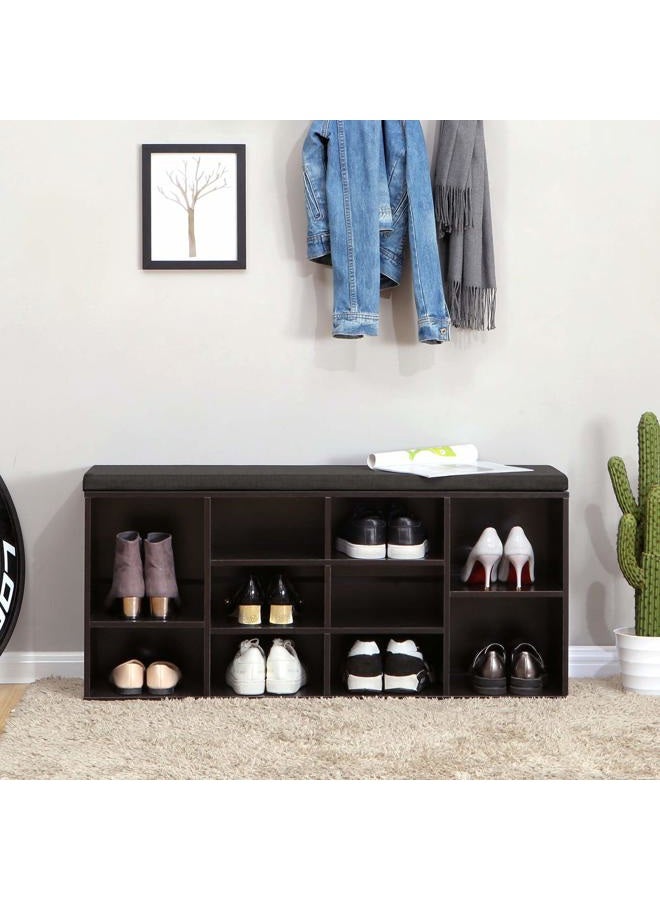 VASAGLE Shoe Bench, Storage Bench, Shoe Rack Bench, Shoe Shelf, Storage Cabinet, 10 Compartments, with Cushion, for Entryway, 40.9 x 11.8 x 18.9 Inches, Espresso and Brown ULHS10BR - Image 2