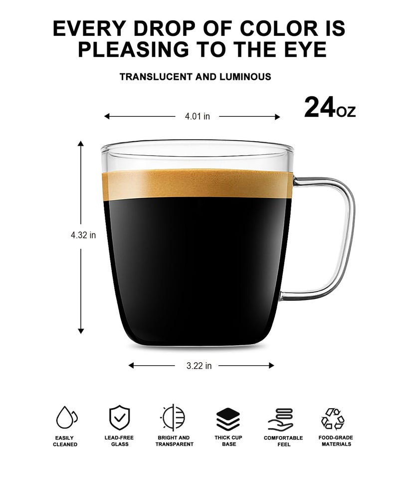 LUXU Premium Large Glass Coffee Mugs(Set of 2)-24 oz,Wide Mouth Hot or Cold Beverage Mugs,Modern Simplicity Glass Tea Coffee Cups-Big Capacity with Comfortable Handle for Home and Office-Clear - Image 2