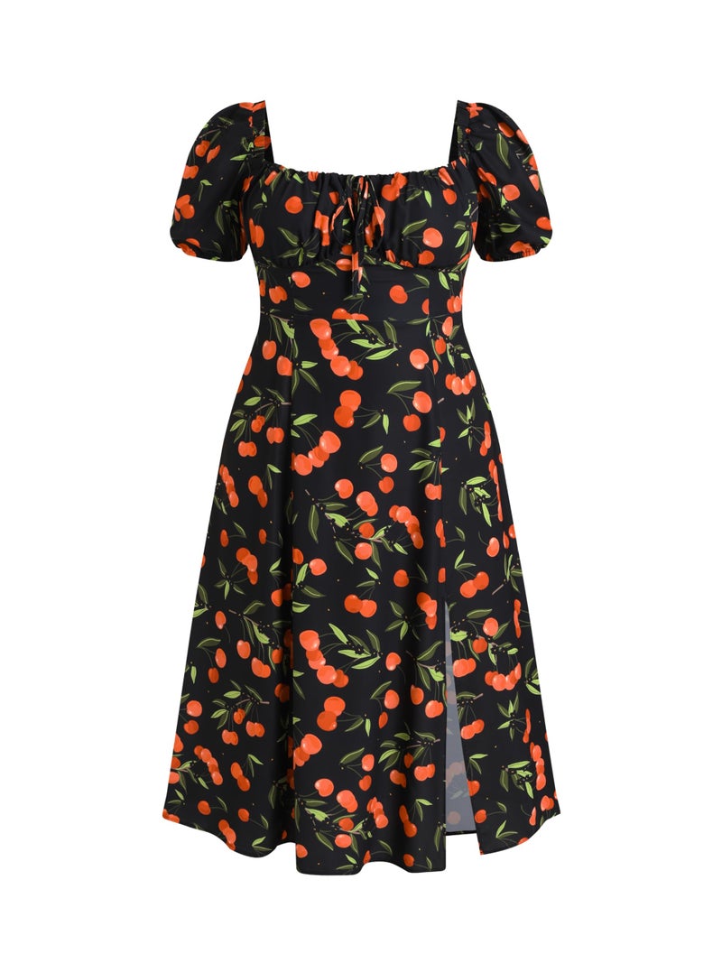 CIDER Women's Plus Size Dress Floral Fruit Square Neck Puff Sleeve Split Sun Dress Summer Midi Dresses Vacation Outfits Red - Image 1