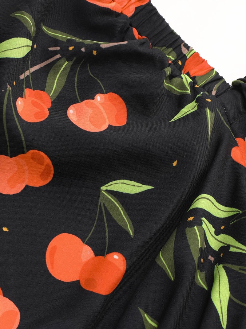 CIDER Women's Plus Size Dress Floral Fruit Square Neck Puff Sleeve Split Sun Dress Summer Midi Dresses Vacation Outfits Red - Image 2
