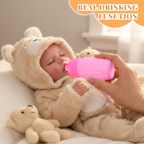 BABESIDE Drink and Wet Reborn Baby Doll 17 Inch Realistic Sleeping Newborn Can Drink Water Pee Full Body Soft Vinyl Real Life Baby Doll Girl in Bear Outfit for Kids Age 3 - Image 5