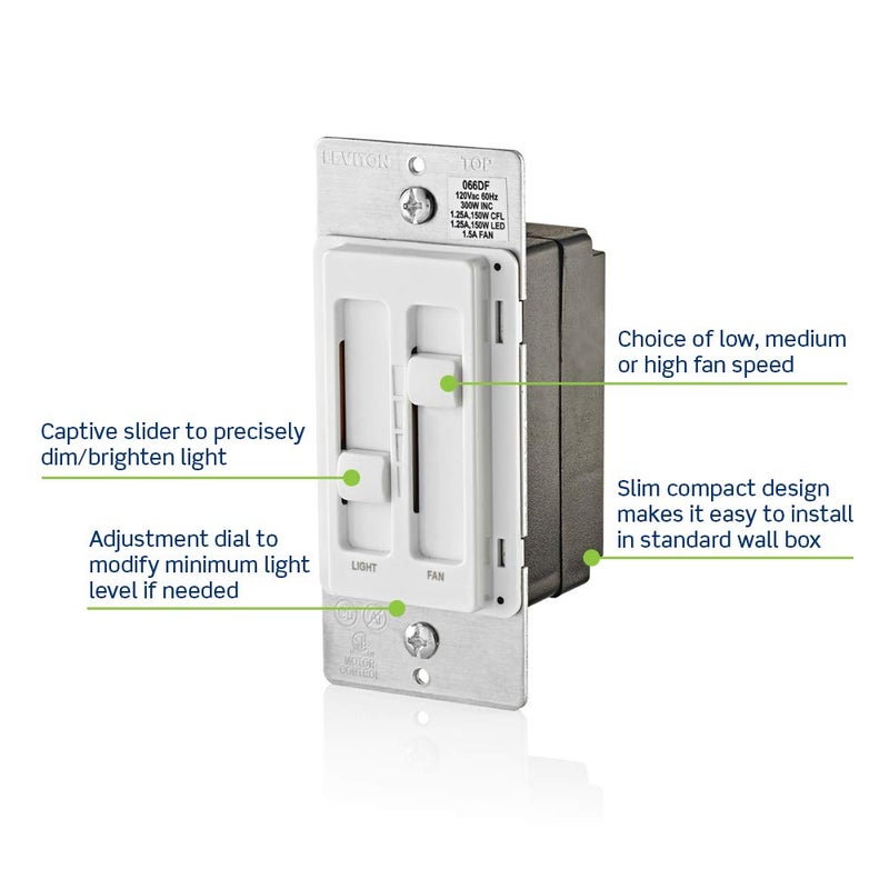 Leviton جهاز تحكم ومفتاح خافت لمروحة السقف SureSlide للأضواء LED والهالوجين واللمبات المتوهجة، 66DF-10T، لون لوز خفيف - Image 2