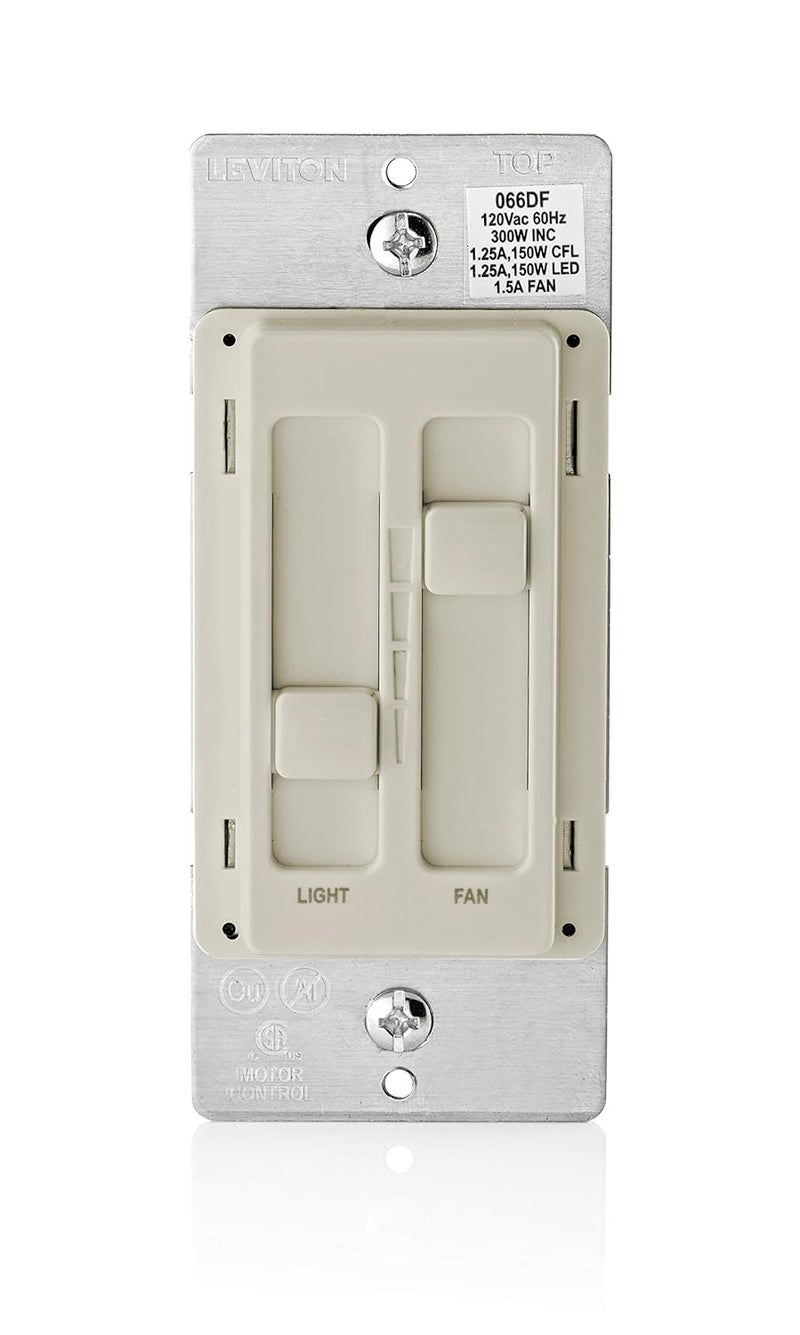 Leviton جهاز تحكم ومفتاح خافت لمروحة السقف SureSlide للأضواء LED والهالوجين واللمبات المتوهجة، 66DF-10T، لون لوز خفيف - Image 1