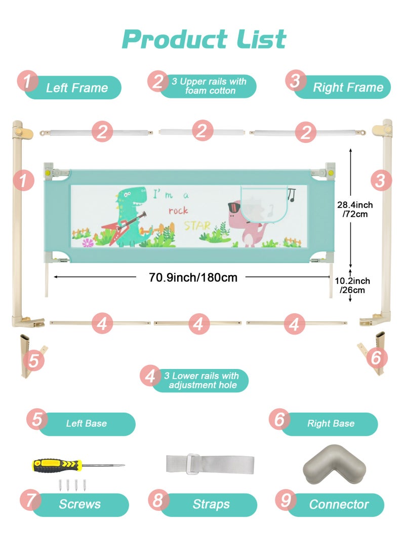 URbazaar Bed Rail Guard Barrier for Baby Portable Safety Foldable Adjustable Height Falling Protector Fence Bedrail Single Side for Toddler 180 x 98cm Gray - Image 2
