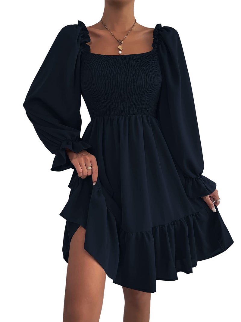 LYANER Women's Long Puff Sleeve Square Neck Shirred Ruffle Swing Midi Dress Navy Blue Small - Image 4