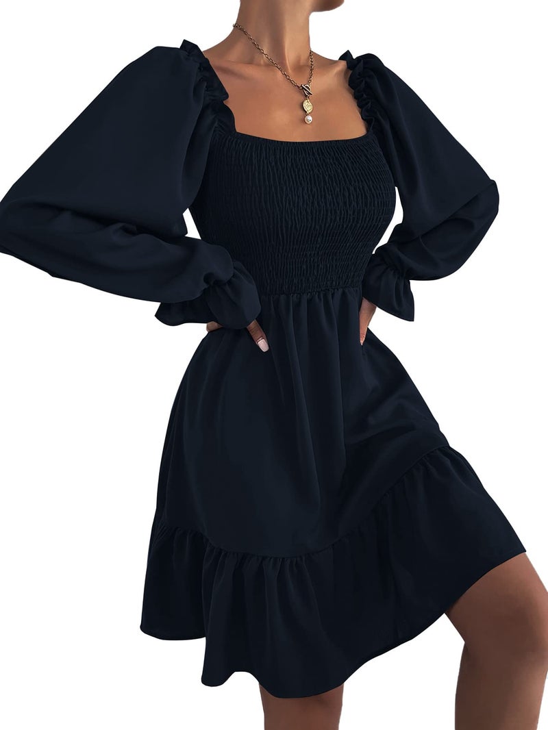 LYANER Women's Long Puff Sleeve Square Neck Shirred Ruffle Swing Midi Dress Navy Blue Small - Image 3