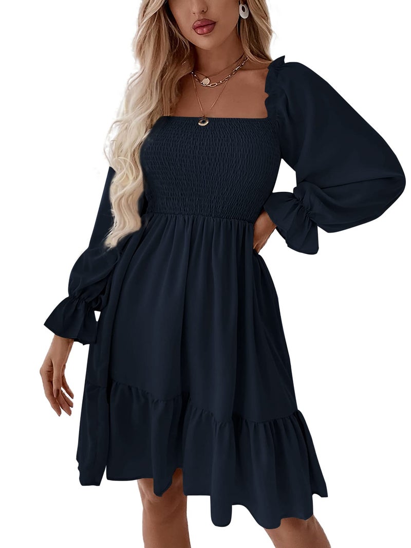 LYANER Women's Long Puff Sleeve Square Neck Shirred Ruffle Swing Midi Dress Navy Blue Small - Image 1