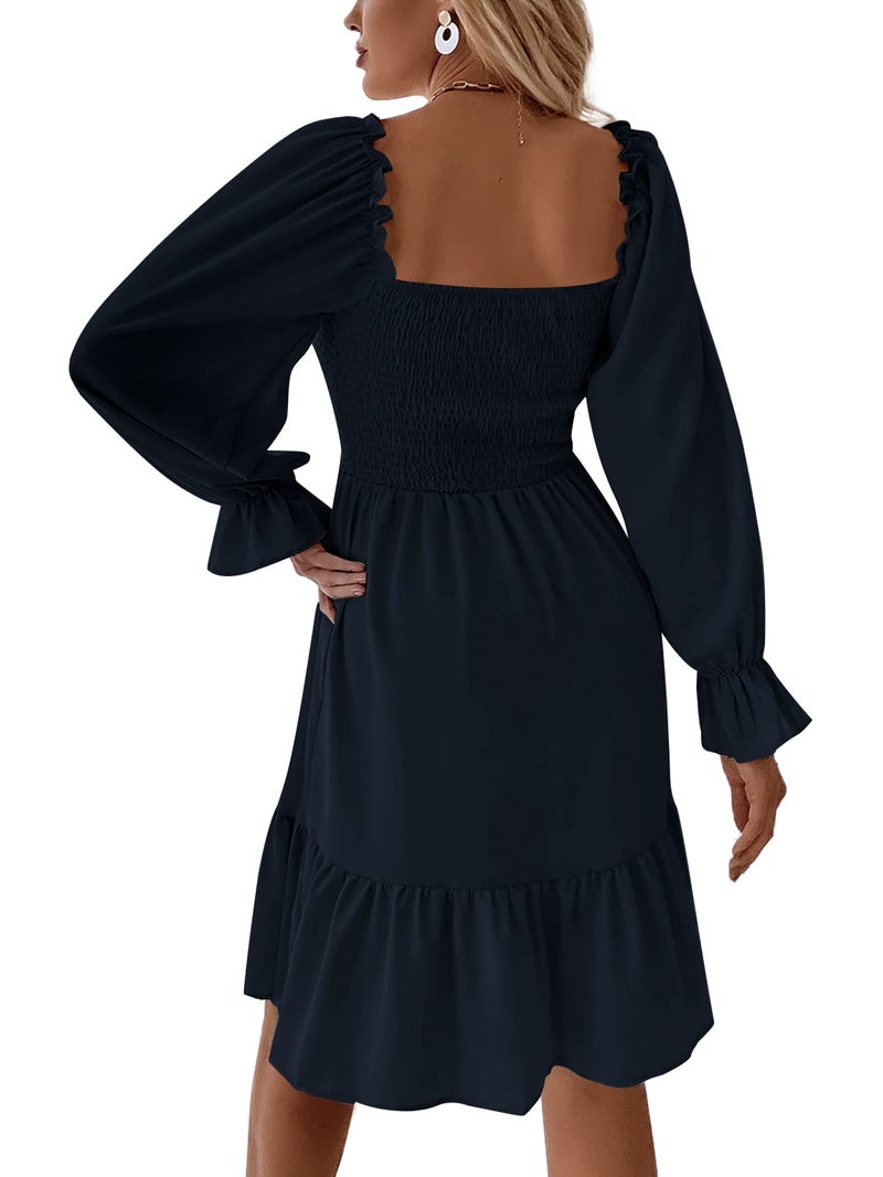 LYANER Women's Long Puff Sleeve Square Neck Shirred Ruffle Swing Midi Dress Navy Blue Small - Image 2