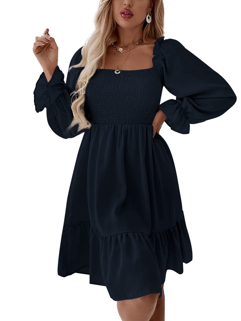 LYANER Women's Long Puff Sleeve Square Neck Shirred Ruffle Swing Midi Dress Navy Blue Small - Image 5