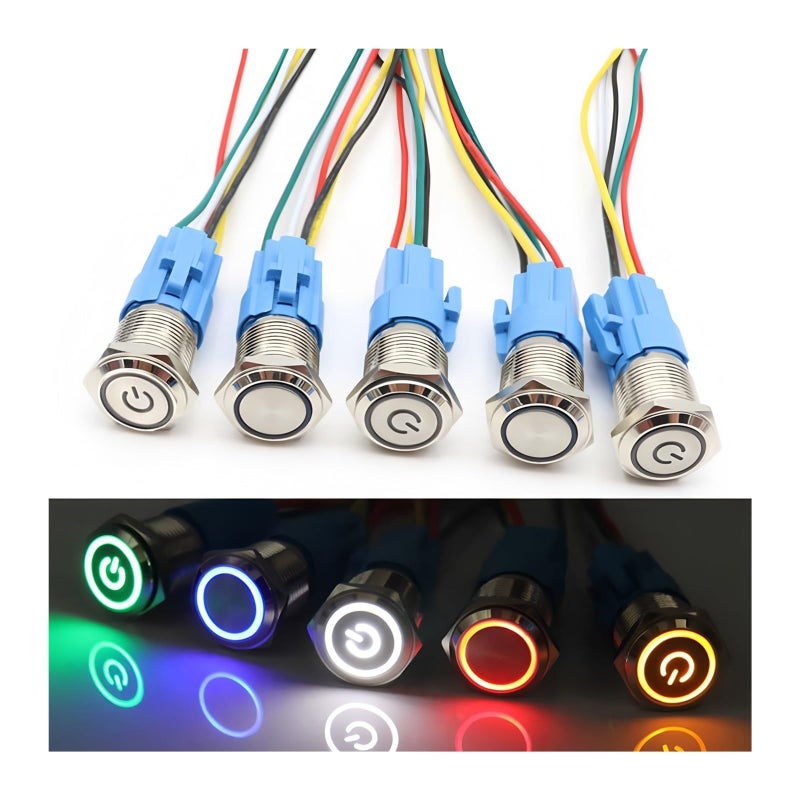 6 قطع مفتاح ضغط معدني 16 مم 19 مم 22 مم لحظي/ثابت برأس مسطح مع ضوء LED - Image 5
