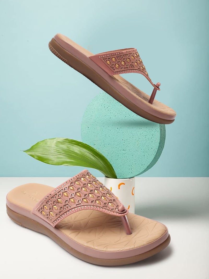 XE Looks Women's Peach Soft Doctor Slippers | Diamond-Cut Embellished Upper with Cushioned Footbed | Stylish and Comfortable Soft Sole Doctor Slippers For Girls & Women - Image 2