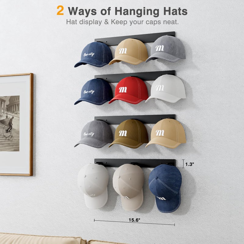 MISSLO Hat Rack for Wall with 2-Way Display Hat Hooks for Wall Hanger 4 Pack Holds 24 Baseball Cap Holder Organizer for Closet, Wall Mounted, Bedroom Storage - Image 2