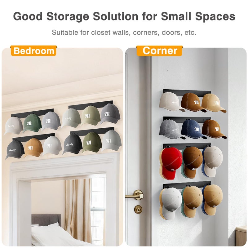 MISSLO Hat Rack for Wall with 2-Way Display Hat Hooks for Wall Hanger 4 Pack Holds 24 Baseball Cap Holder Organizer for Closet, Wall Mounted, Bedroom Storage - Image 3