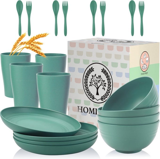 WHEAT STRAW DINNERWARE SETS 20PCS UNBREAKABLE MICROWAVE DISHWASHER SAFE TABLEWARE LIGHTWEIGHT BOWLS CUPS PLATES SET REUSABLE DINNER PLATES BOWLS SET GREEN
