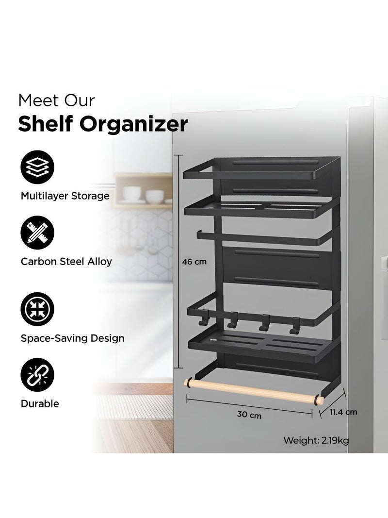 Kuber Industries Kuber Industries Multi Storage 2 Tier Iron Fridge Side Rack with 2 TowelTissue Holder Hooks Hanger Magnetic Kitchen Organizer Shelf for Refrigerator Black  - Image 5