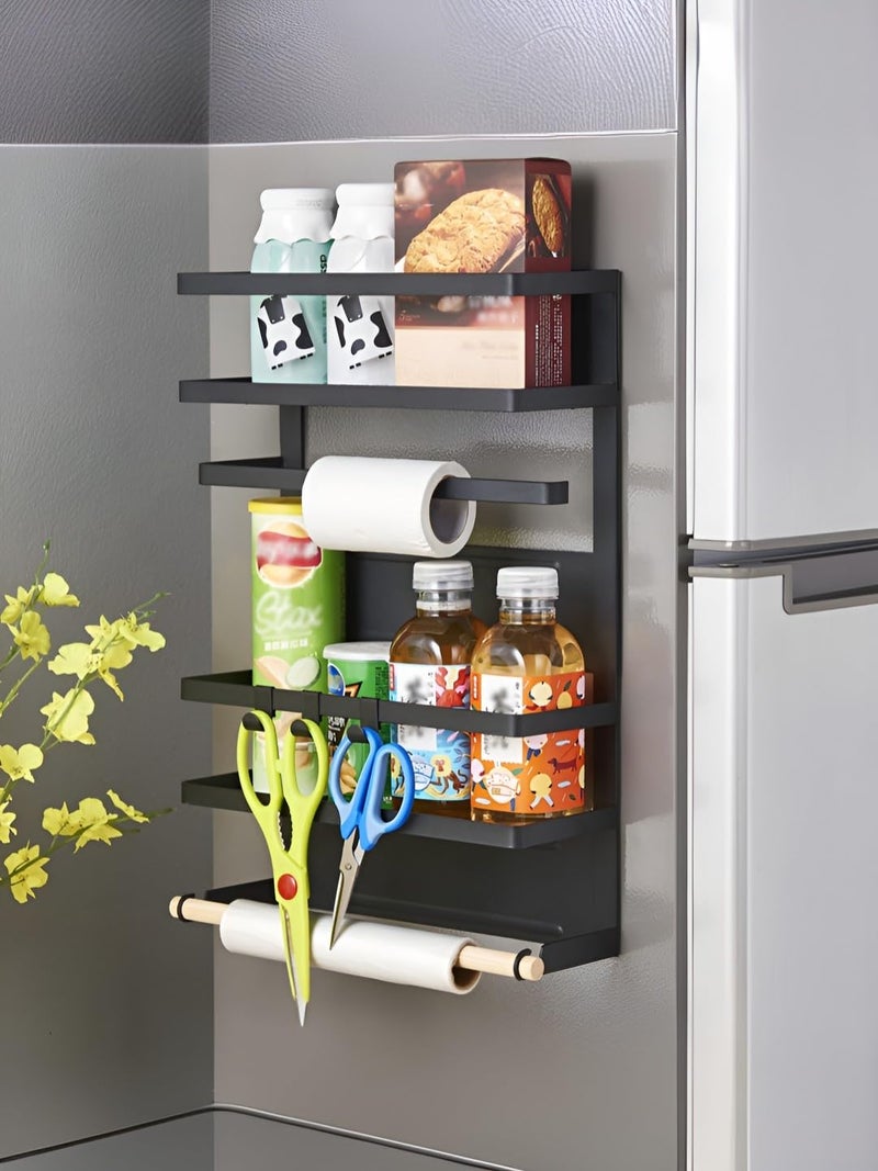 Kuber Industries Kuber Industries Multi Storage 2 Tier Iron Fridge Side Rack with 2 TowelTissue Holder Hooks Hanger Magnetic Kitchen Organizer Shelf for Refrigerator Black  - Image 1