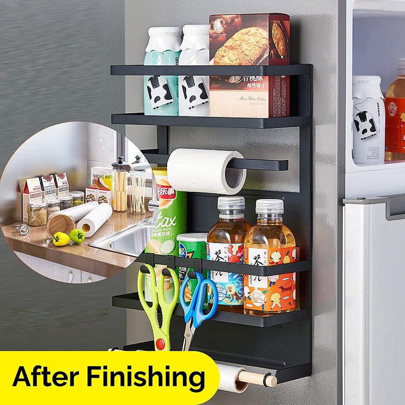 Kuber Industries Kuber Industries Multi Storage 2 Tier Iron Fridge Side Rack with 2 TowelTissue Holder Hooks Hanger Magnetic Kitchen Organizer Shelf for Refrigerator Black  - Image 3