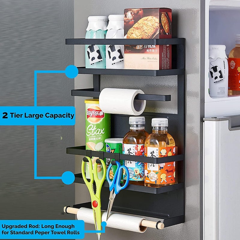 Kuber Industries Kuber Industries Multi Storage 2 Tier Iron Fridge Side Rack with 2 TowelTissue Holder Hooks Hanger Magnetic Kitchen Organizer Shelf for Refrigerator Black  - Image 2