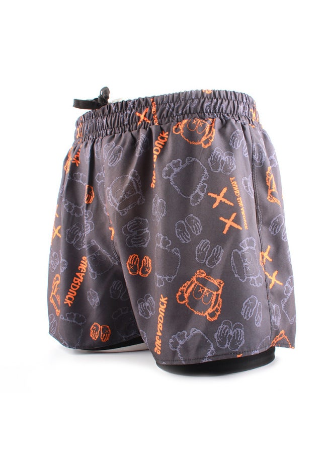 إسكدنيا شورت سباحة رياضي للرجال صيف 2023، طبقة مزدوجة سريعة الجفاف ومضادة للإحراج، شورت فضفاض مطبوع قابل للتنفس-اللون: 3602-1 برتقالي- - Image 1