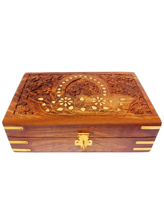 ITOS365 Jewellery Box for Women Wooden Brass Work Flower Carved Design Handmade Gift, 8 Inches - Image 1