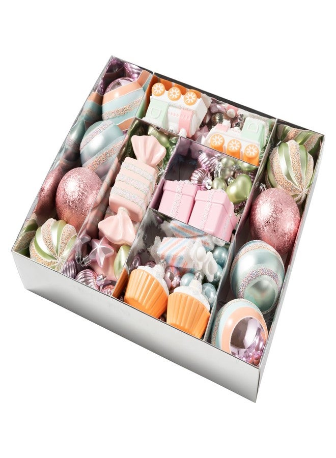 MERRYHEART 80PCS Pastel Christmas Ornaments Set, Assorted Colorful Candy Cake Giftbox Christmas Balls Ornaments, Shatterproof Xmas Baubles Hanging Decorations for Christmas Tree/Party/Holiday (Style 1) - Image 1