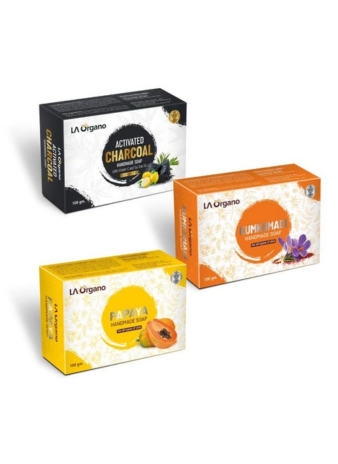 LA Organo Handmade Charcoal, Kumkumadi & Papaya Bath Soap (100g each, Pack Of 3)