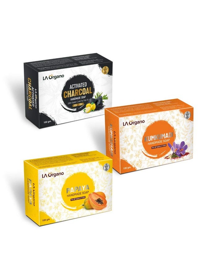 LA Organo LA Organo Handmade Charcoal, Kumkumadi & Papaya Bath Soap (100g each, Pack Of 3)  - Image 1