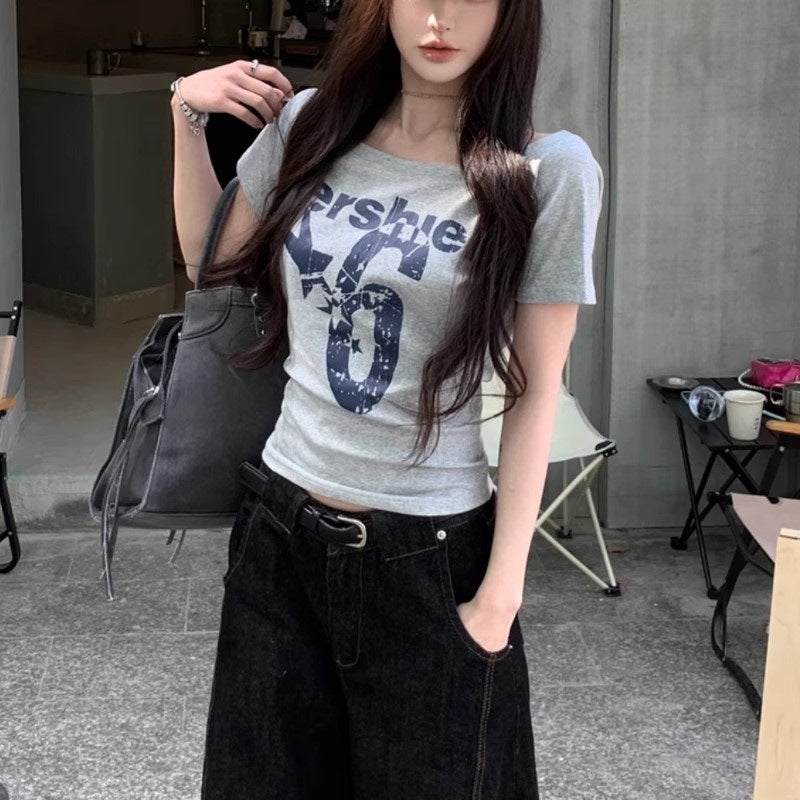 Cool Silk Cotton Short-Sleeve T-Shirt For Women, Summer Style, Off-Shoulder Printed American Style Slim-Fit Top Trendy - Image 3