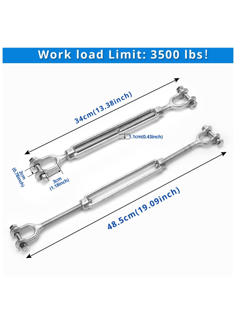Hot Dipped Galvanized Steel Jaw and Jaw Turnbuckle - Heavy Duty Turnbuckle Closed Body Jaw, 1/2 Threaded Diameter x 18, 3500 lbs Working Load Limit - Durable, Weather Resistant for Wire Rope Cable - Image 2