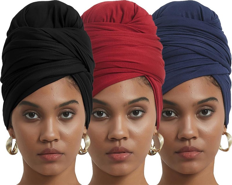 corciova Black Navy Blue Carnelian 3 Pcs Long Soft Head Wrap Turban Headband for Black Women Two Way Stretch Fashion African Head Covering Jersey Hijab Scarf - Image 1